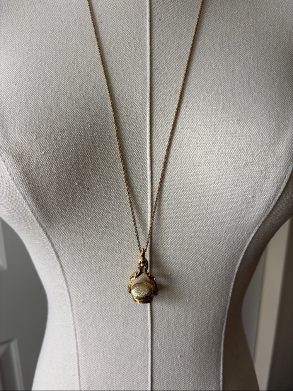 1928 Gold-Tone Ornate Locket Necklace with Long Chain over 27”